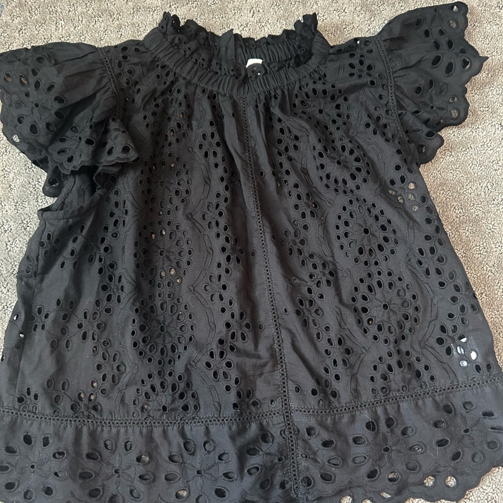 Black Eyelet Ruffle Sleeve Top Size Small, EUC